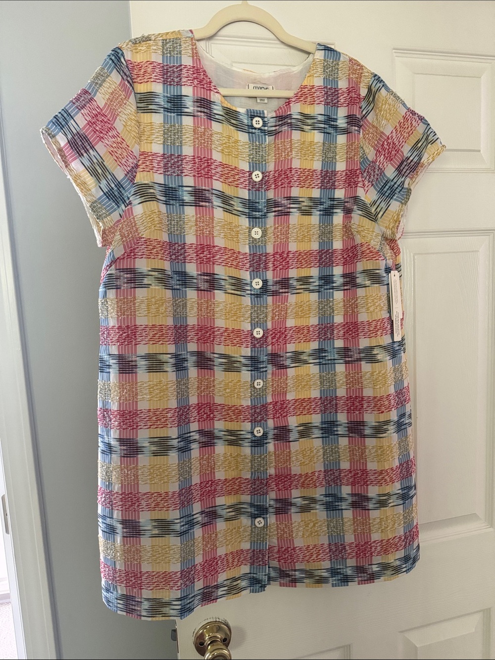 Maeve Pink Blue Yellow Plaid Button Dress